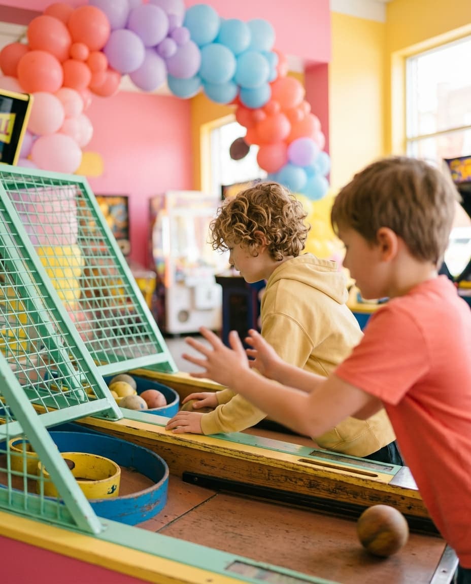 Two children playing Skee-Ball at the arcade